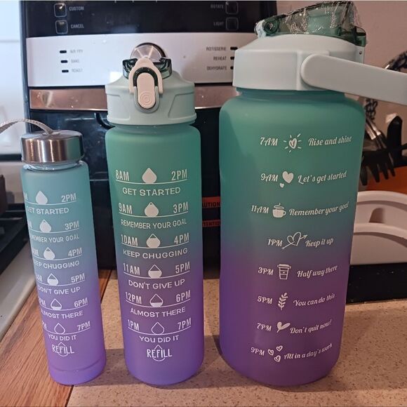 3pc Motivational Water Bottle Set gradient blue/green and purple - Picture 2 of 8